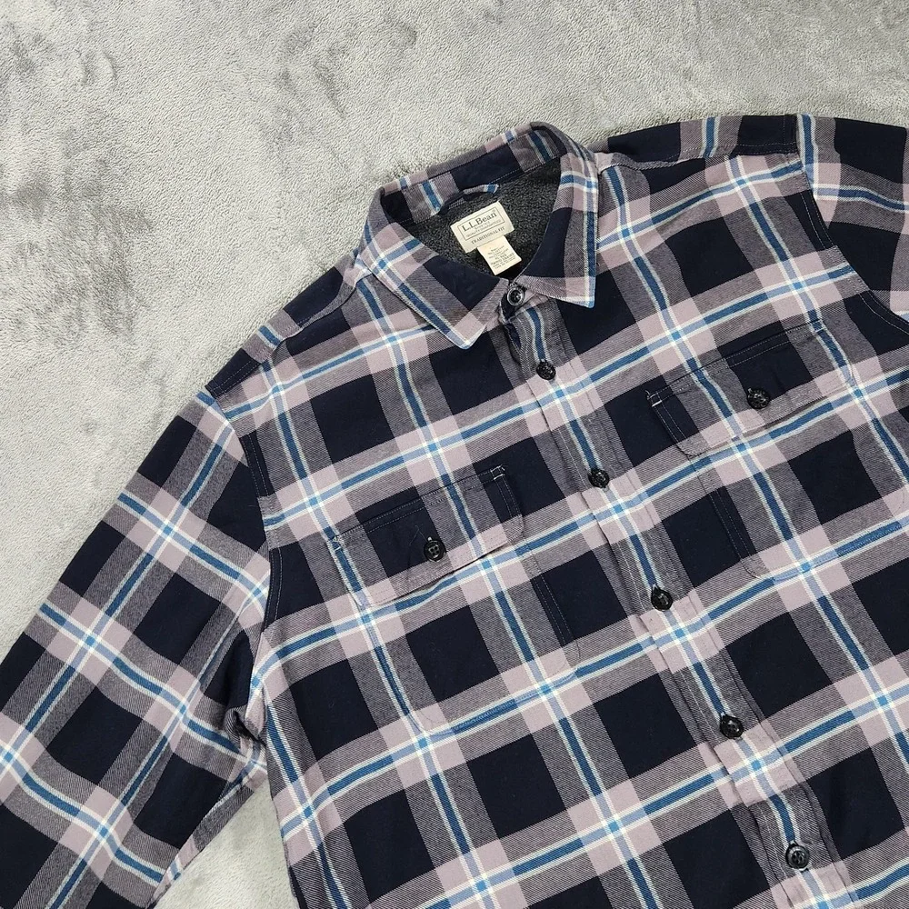 LL Bean Shirt Jacket Mens XL Blue Plaid Fleece Lined Flannel Traditional Fit